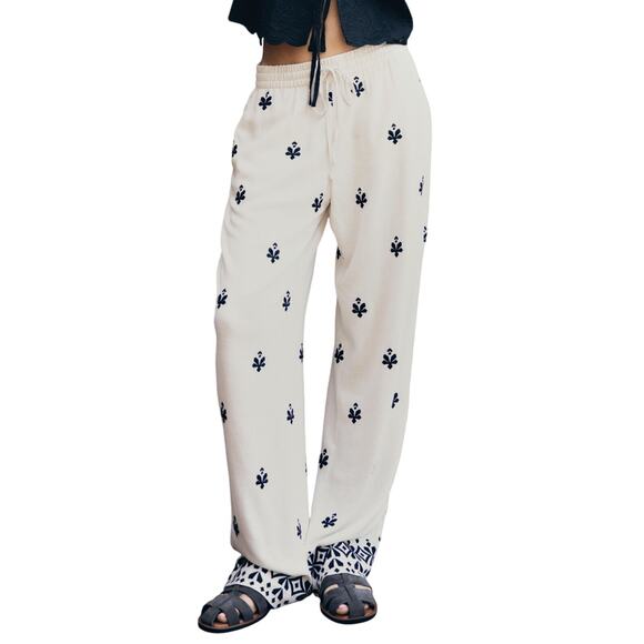 ZARA Embroidered Wide Leg Linen Blend Pant Cream Black NEW Size XS - Picture 1 of 5